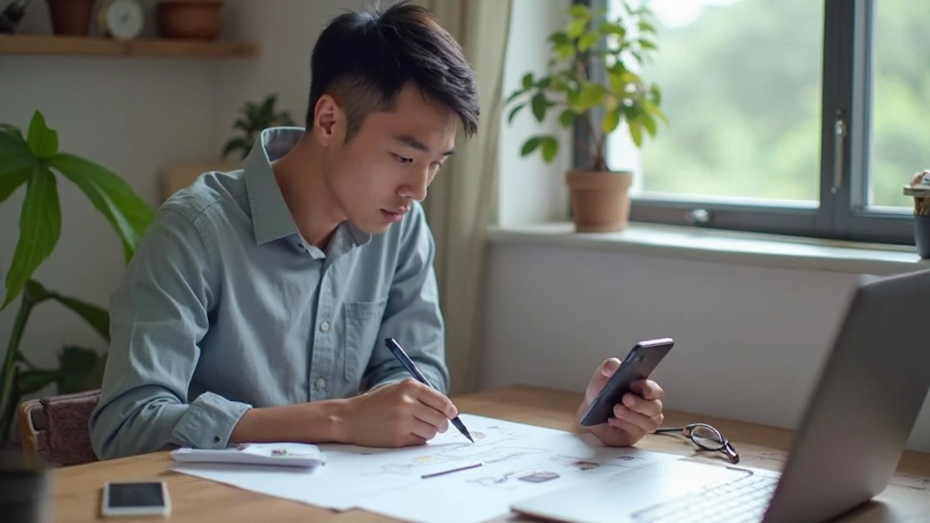 Designer working on mobile interface design with sketch materials and smartphone on desk