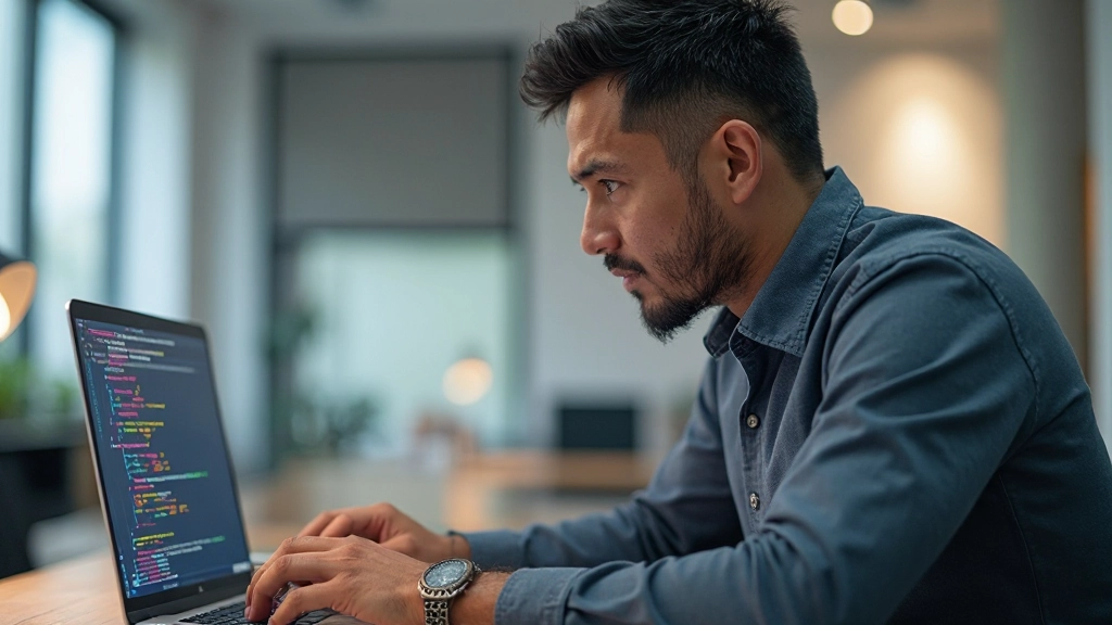 Designer working on laptop showing responsive design in action with CSS media query code visible on screen