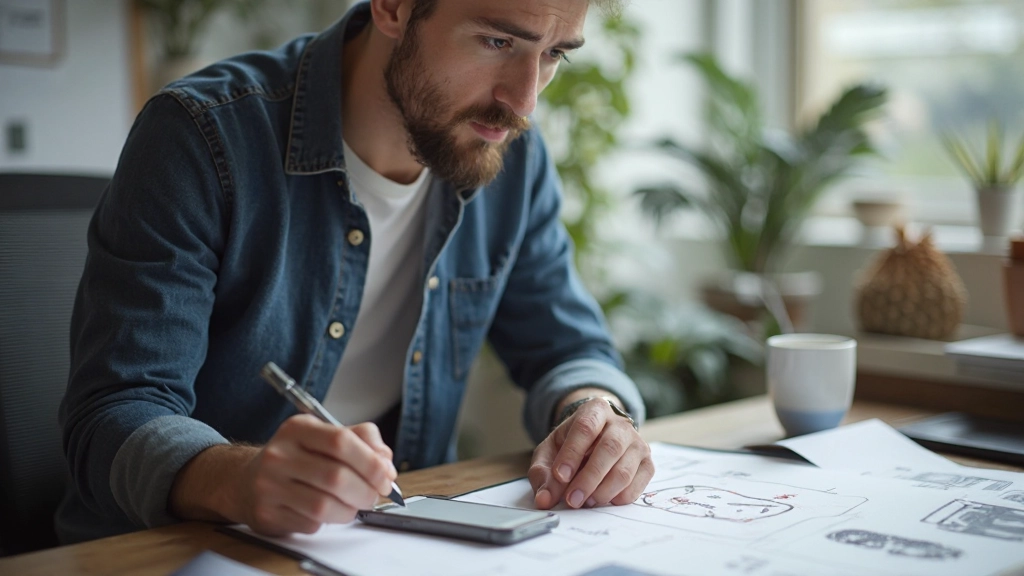 Wireframe sketches showing mobile-first design process with annotations and measurement notes on paper