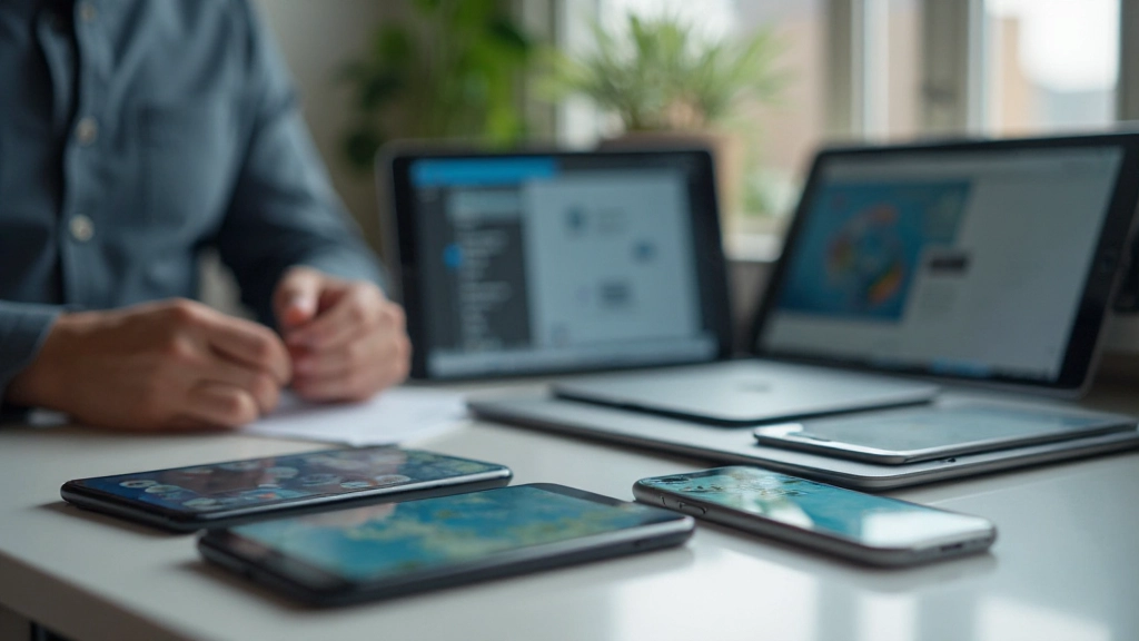 Collection of mobile devices displaying different screen sizes and operating systems on wooden desk