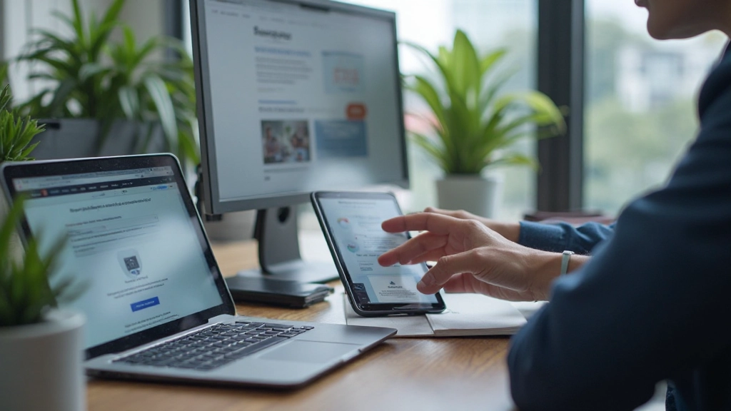 Multiple smartphones and devices arranged on desk displaying various website loading states and performance test results